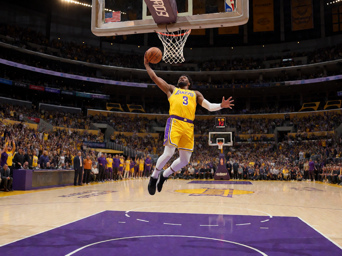 NBA篮球场内球员跳起扣篮的瞬间,观众席欢呼声不断